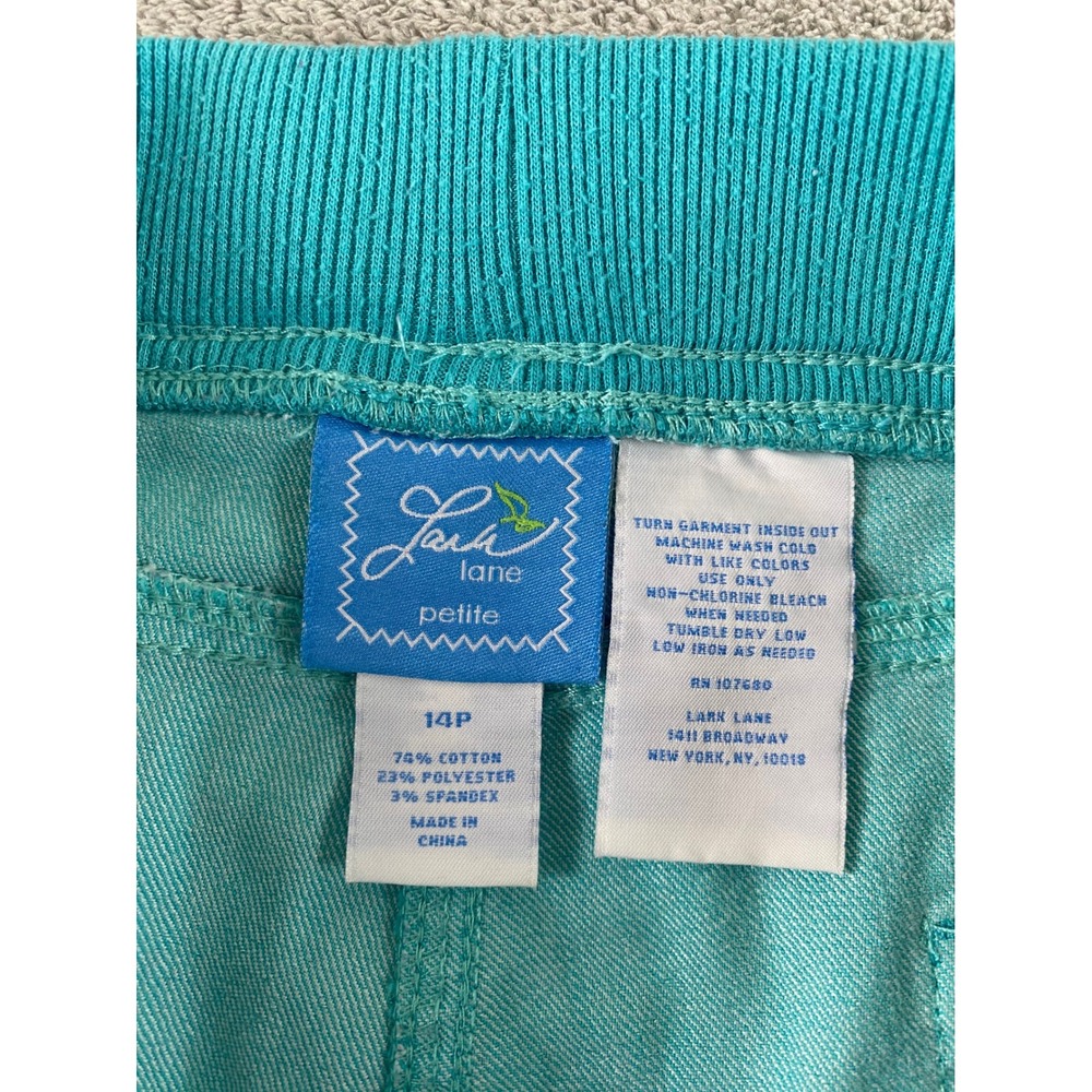 Lark Lane Petite Turquoise Blue Pull On Cropped Pants 14P Ribbed Waist Stretch - Picture 2 of 12